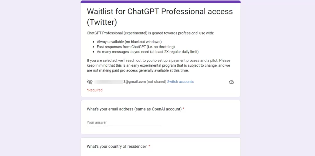 Waitlist for chatGPT Professional access